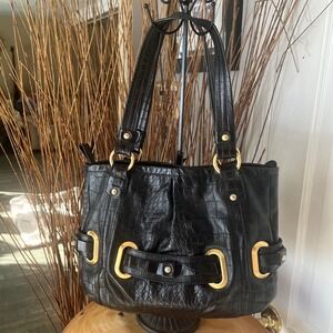 Black B. Makowsky Croc-Embossed  Leather Tote Bag w/ Gold Hardware Modern Chic
